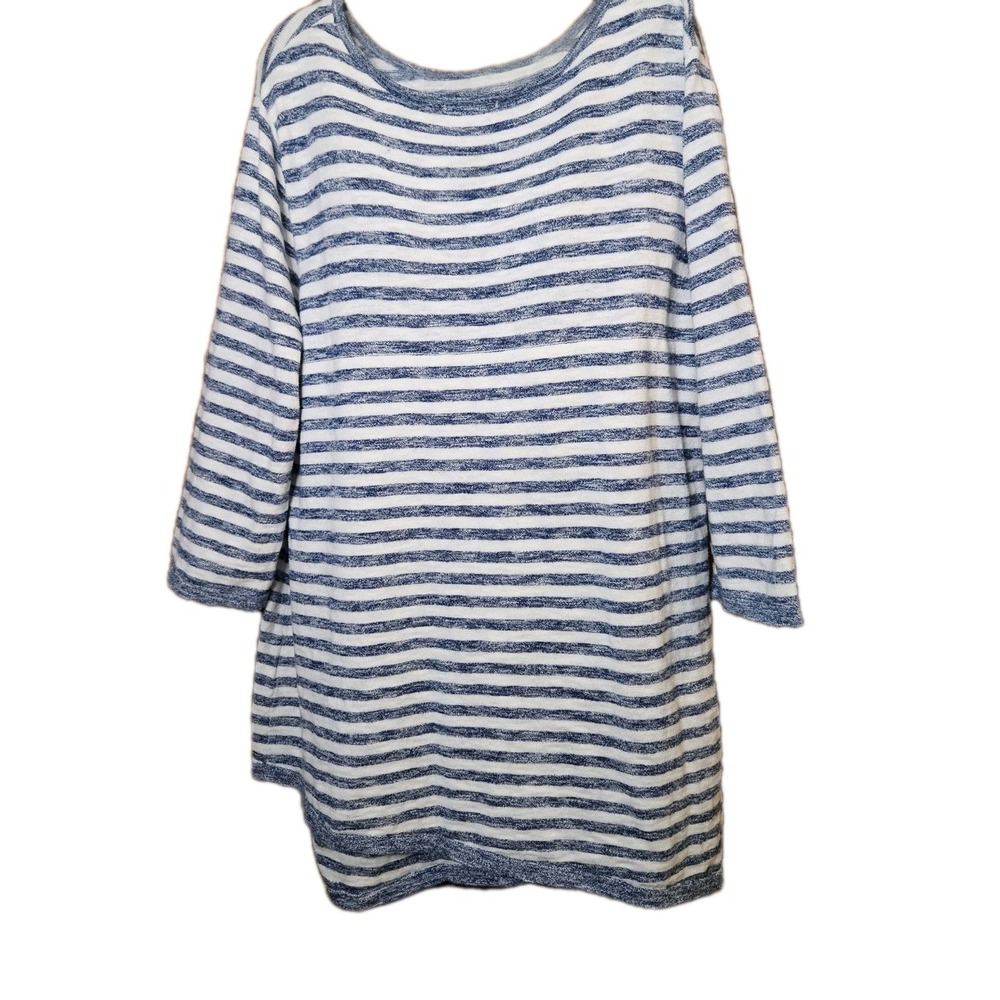 G&C United Knitwear Top Womens Large Blue White Striped Cotton 3/4 Sleeve Casual